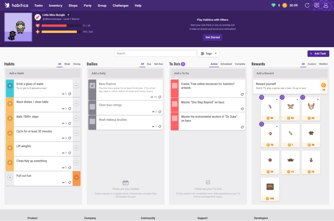 Screenshot of Habitica webpage