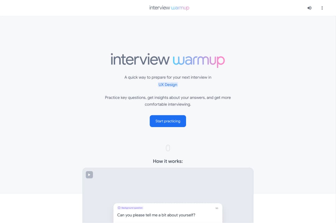 Screenshot of Interview Warmup webpage