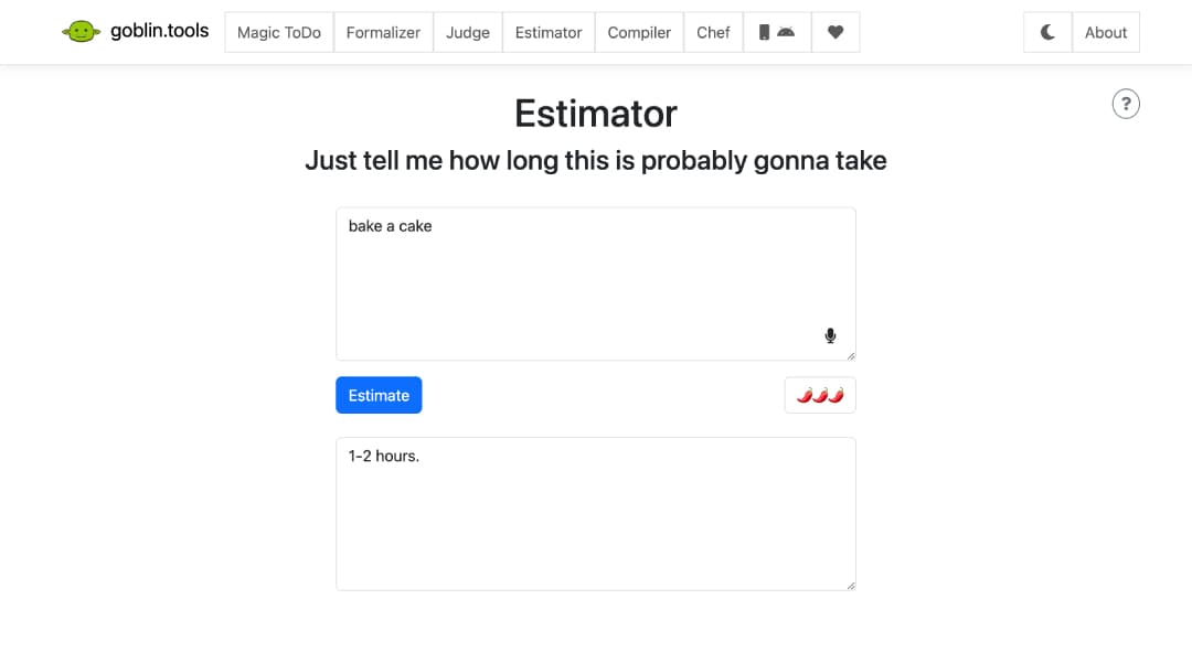 Screenshot of Estimator page