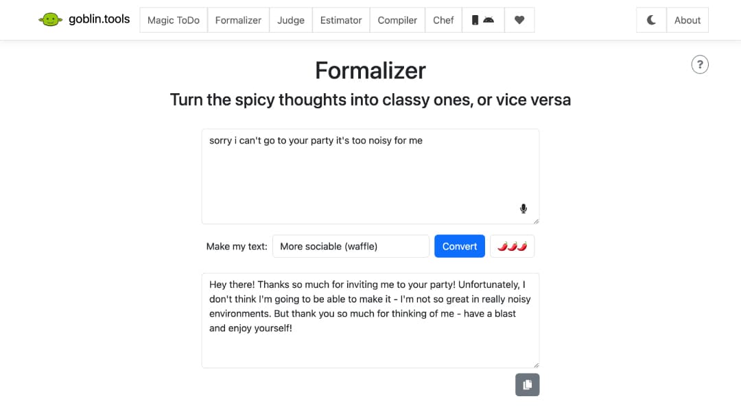 Screenshot of Formalizer page