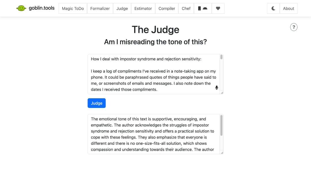 Screenshot of The Judge page