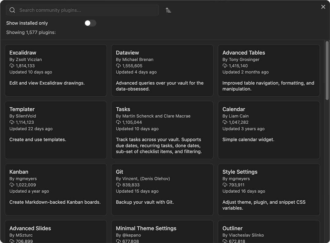 Screenshot of community plugins in Obsidian