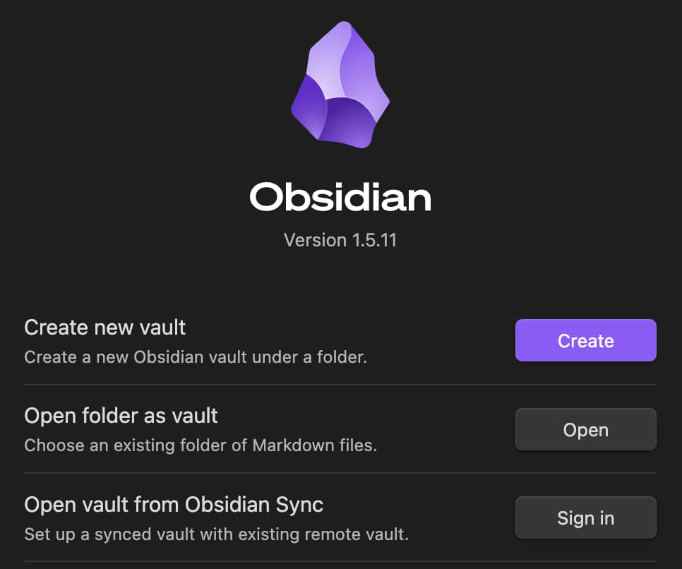 Screenshot of the Obsidian app interface for creating a vault
