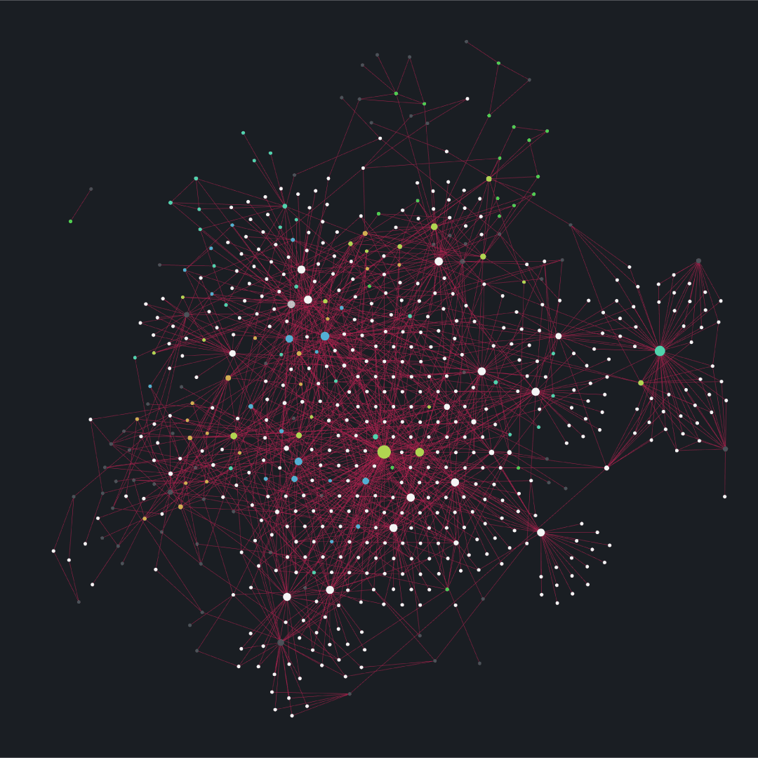 Black background with many dots of different colours and sizes scattered around, and red lines connecting the dots to each other.