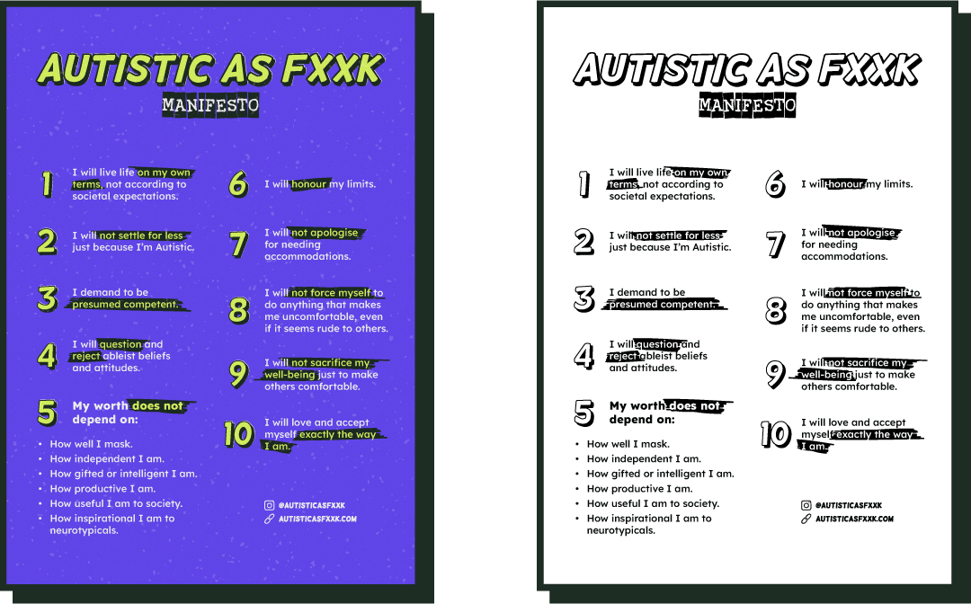 2 screenshots (one in colour and one in black & white) of Autistic As Fxxk Manifesto printable PDFs